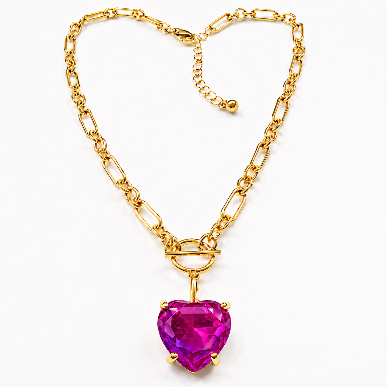 Pink Fuchsia Heart Crystal Chain Link Necklace - Durable Zinc Steel Design