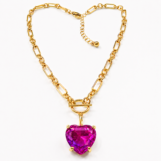 Pink Fuchsia Heart Crystal Chain Link Necklace - Durable Zinc Steel Design