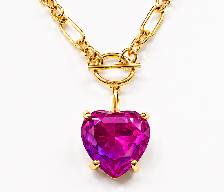 Pink Fuchsia Heart Crystal Chain Link Necklace - Durable Zinc Steel Design
