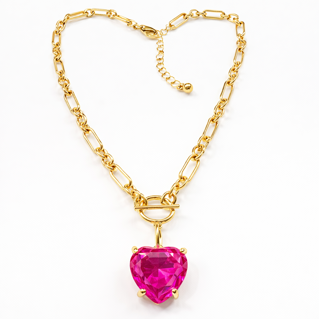 Pink Heart Crystal Chain Link Necklace - Durable Zinc Steel Design