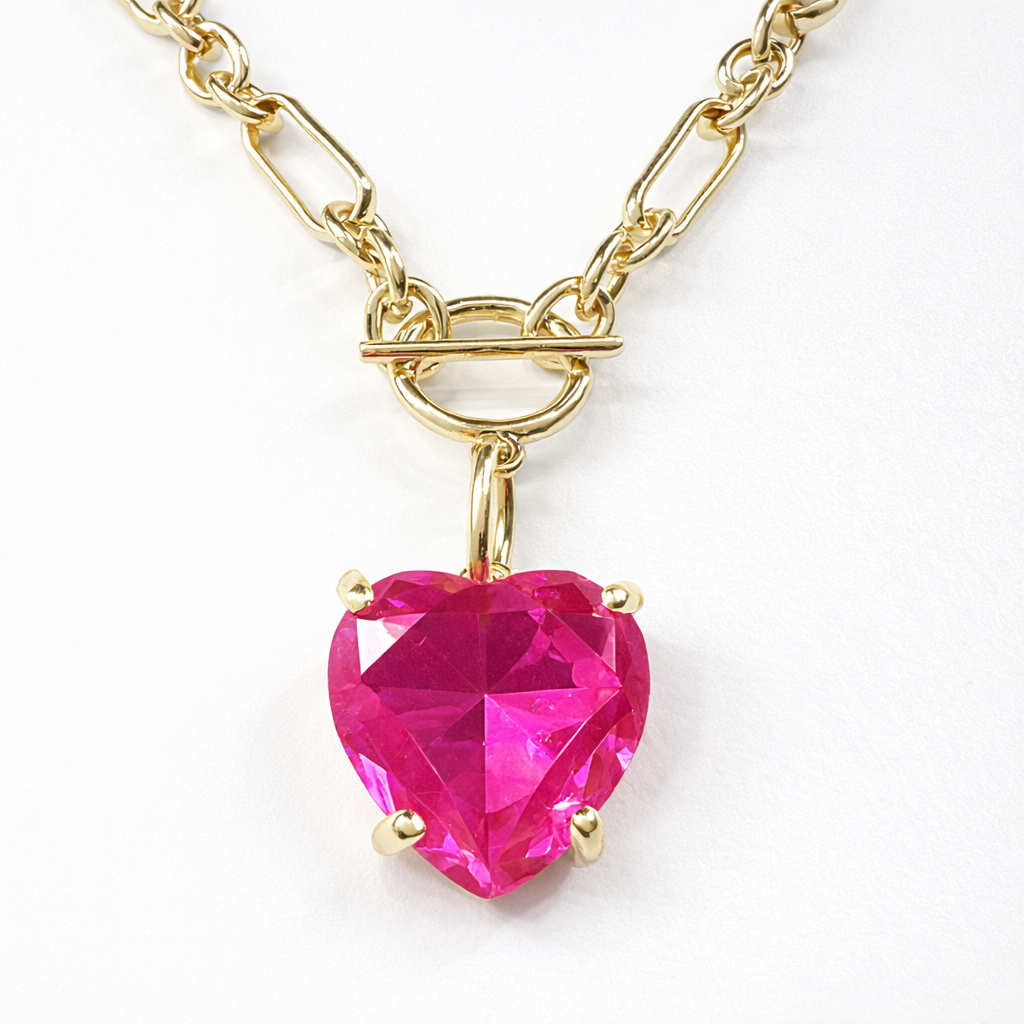 Pink Heart Crystal Chain Link Necklace - Durable Zinc Steel Design