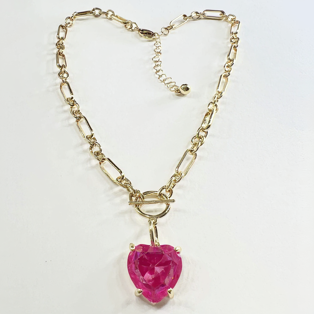 Pink Heart Crystal Chain Link Necklace - Durable Zinc Steel Design