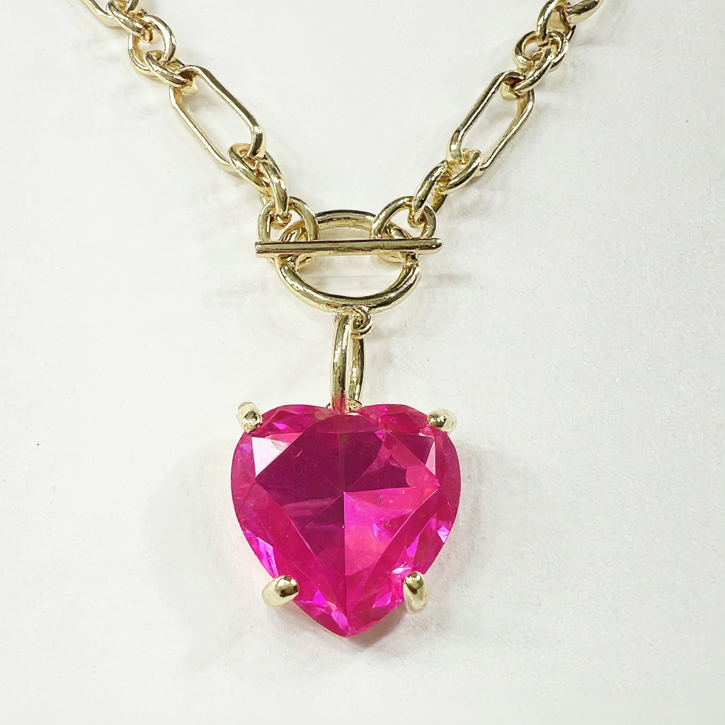 Pink Heart Crystal Chain Link Necklace - Durable Zinc Steel Design