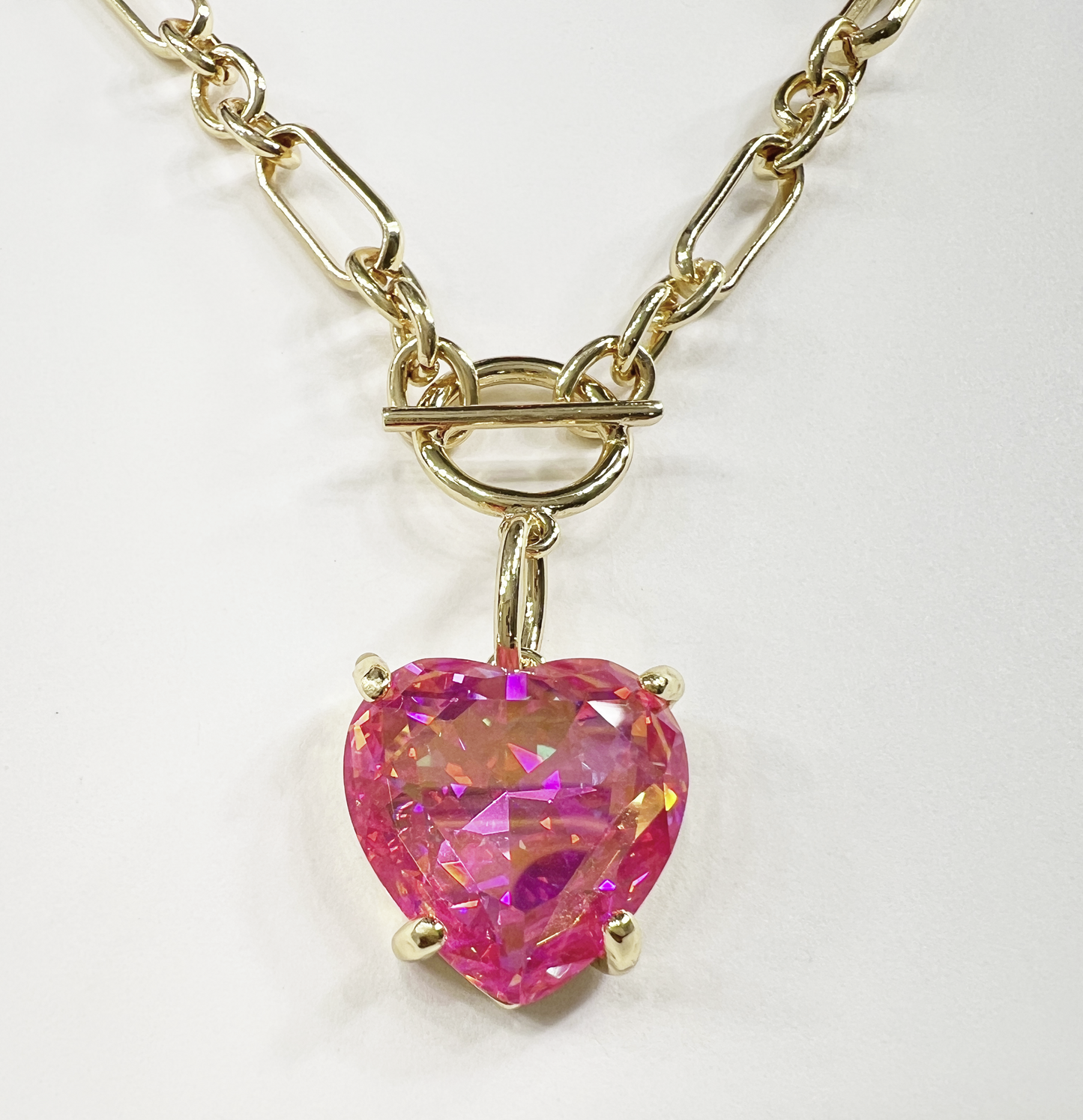 Pink Heart Crystal Chain Link Necklace - Durable Zinc Steel Design
