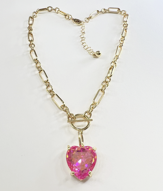 Pink Heart Crystal Chain Link Necklace - Durable Zinc Steel Design