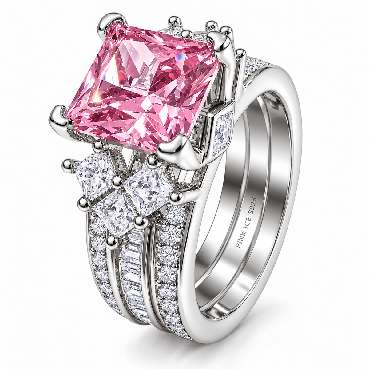 *PRE-ORDER - 925 Sterling Silver Princess Cut, Pink Diamond CZ Tri-Band Ring