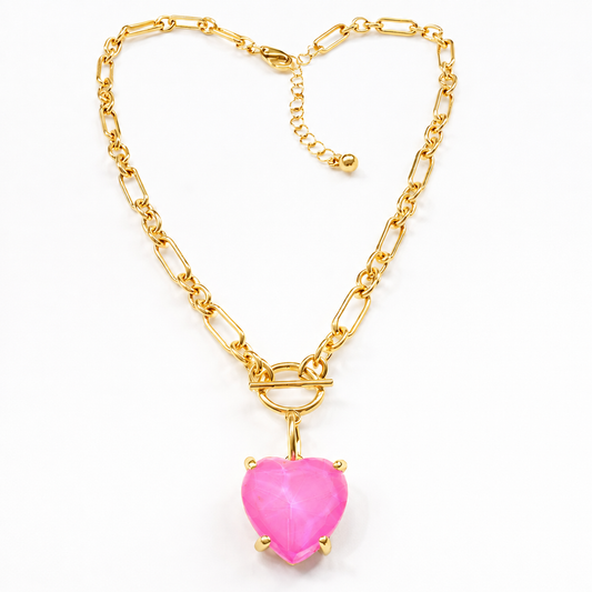 Pink Sorbet Heart Crystal Chain Link Necklace - Durable Zinc Steel Design
