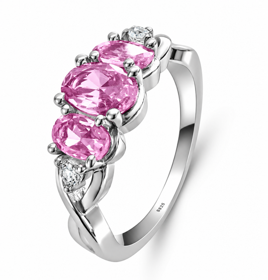 Sterling Silver Triple Oval Pink Cubic Zirconia Ring