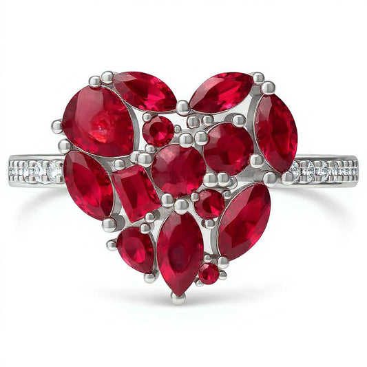 Pre-Order - 925 Sterling Silver Garnet Red CZ Cluster Heart Ring (Choose your plating)