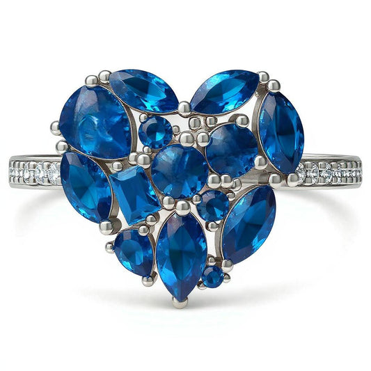 Pre-Order - 925 Sterling Silver Sapphire Blue CZ Cluster Heart Ring (Choose your plating)