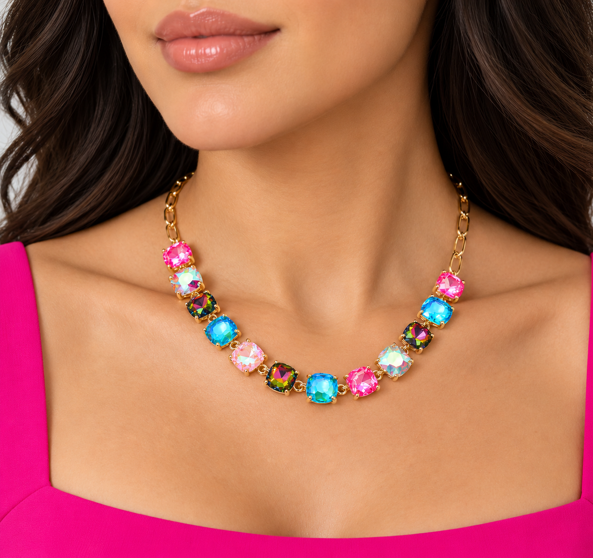 Prismatic Candy Cushion-Cut Necklace - Durable Zinc Steel Design