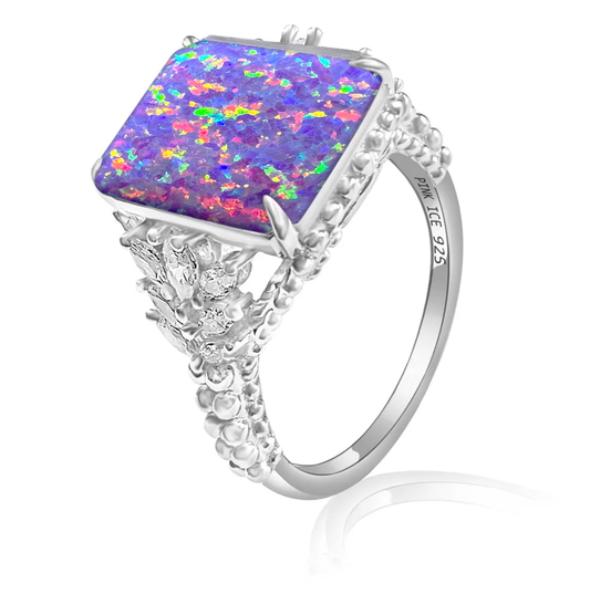 Multi Lavender Fire Opal & CZ Beaded Shank 925 Sterling Silver Ring