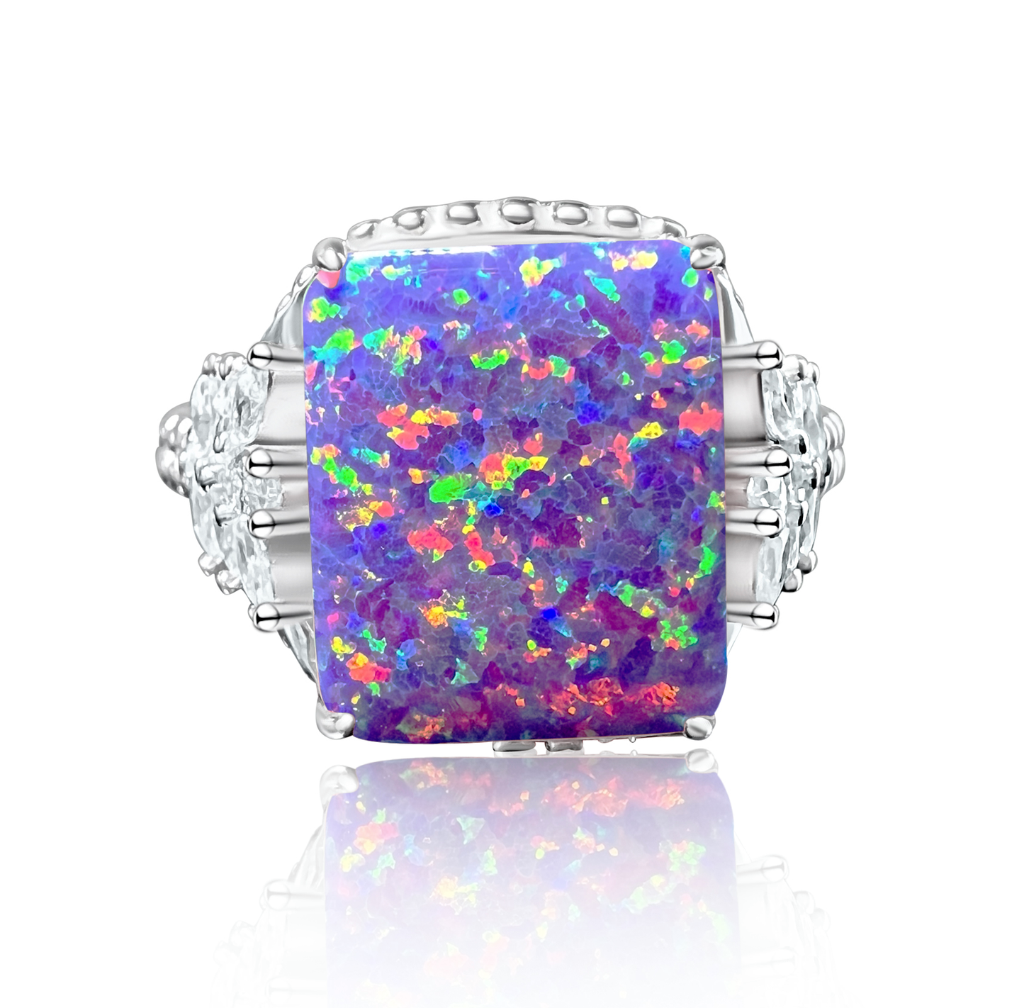 Multi Lavender Fire Opal & CZ Beaded Shank 925 Sterling Silver Ring