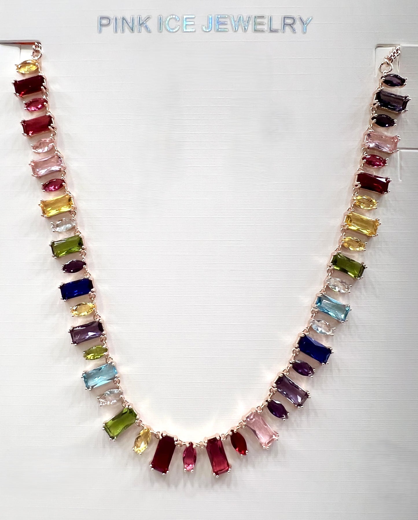 Rainbow Baguette & Marquise Cut Gemstone Necklace on Rose Gold