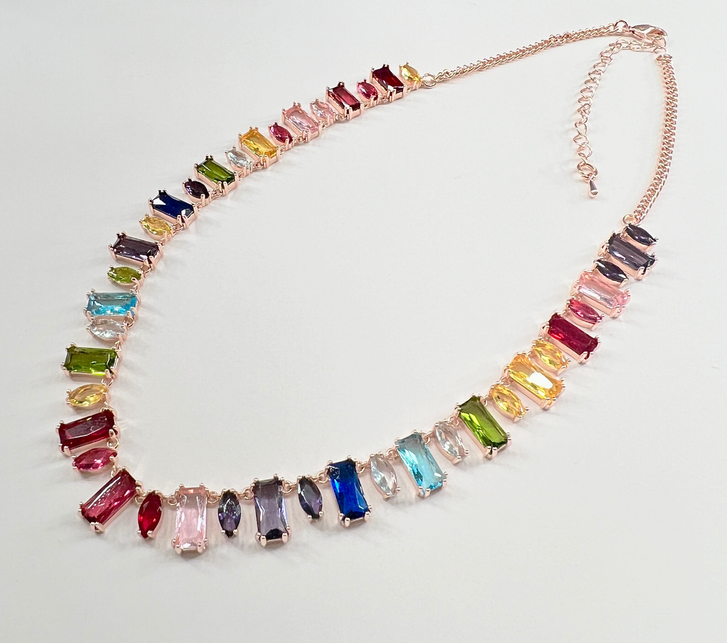 Rainbow Baguette & Marquise Cut Gemstone Necklace on Rose Gold