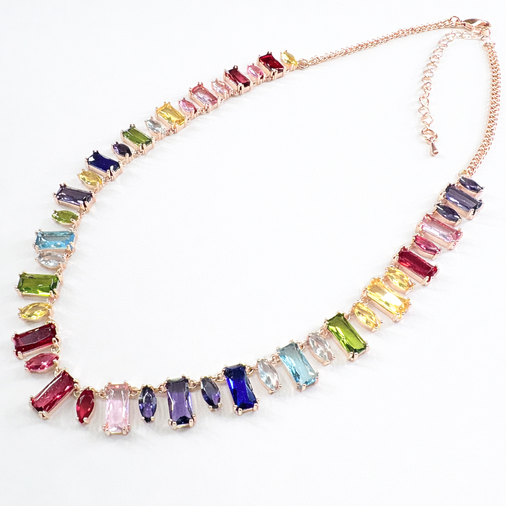 Rainbow Baguette & Marquise Cut Gemstone Necklace on Rose Gold