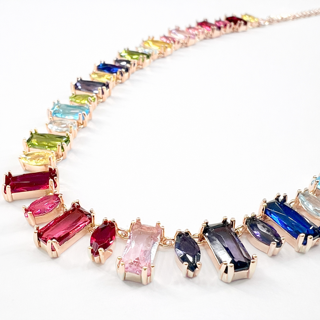 Rainbow Baguette & Marquise Cut Gemstone Necklace on Rose Gold