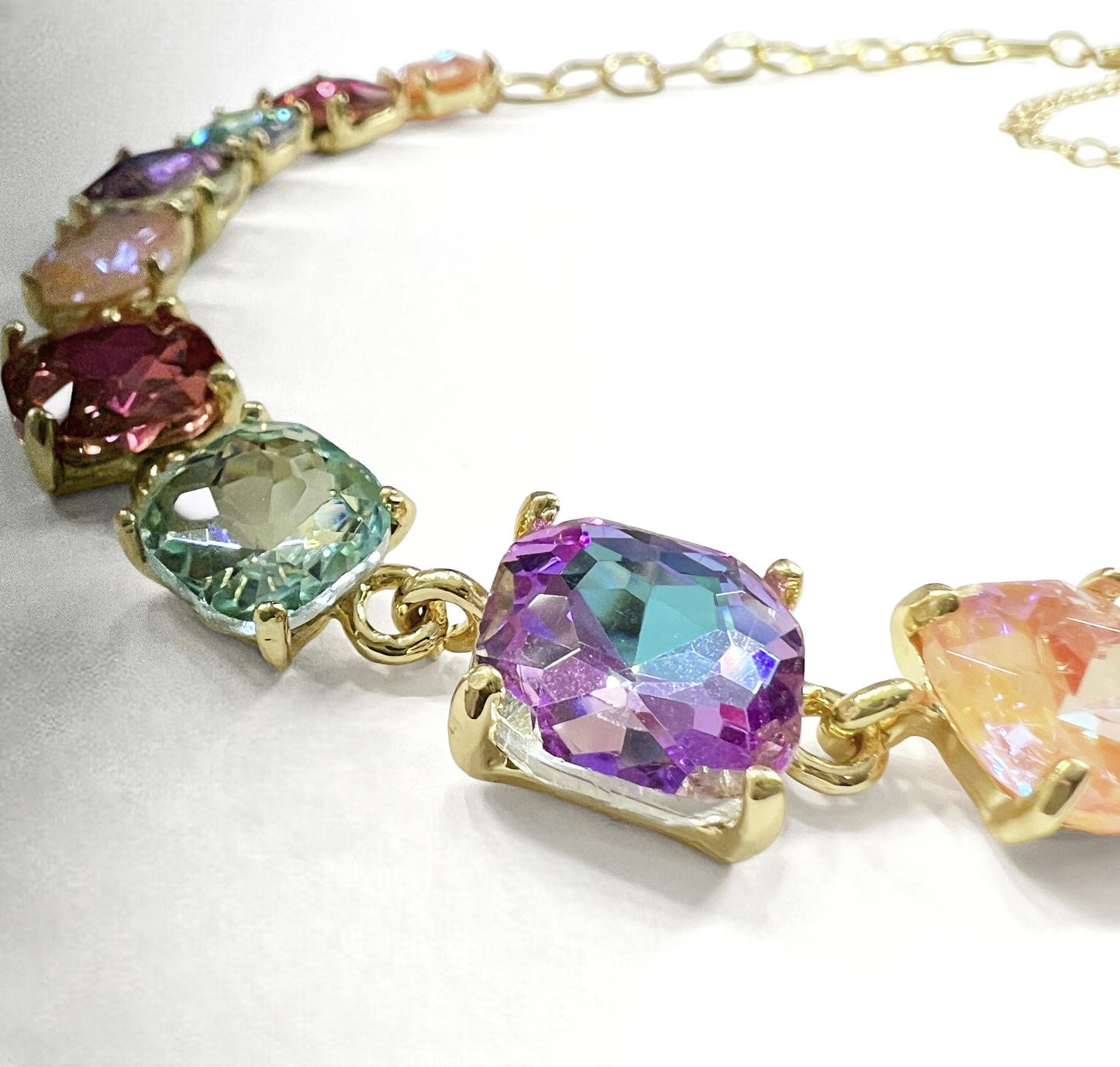 Rainbow Luxe Cushion-Cut Statement Chain Link Necklace - Durable Zinc Steel Design