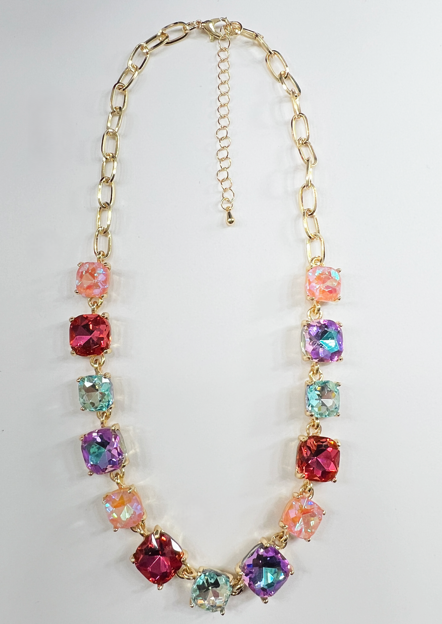 Rainbow Luxe Cushion-Cut Statement Chain Link Necklace - Durable Zinc Steel Design