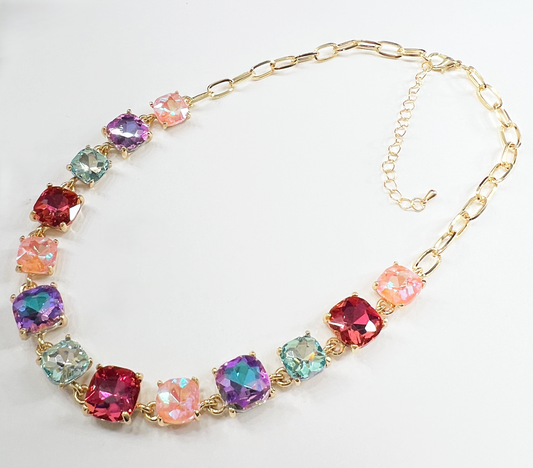 Rainbow Luxe Cushion-Cut Statement Chain Link Necklace - Durable Zinc Steel Design