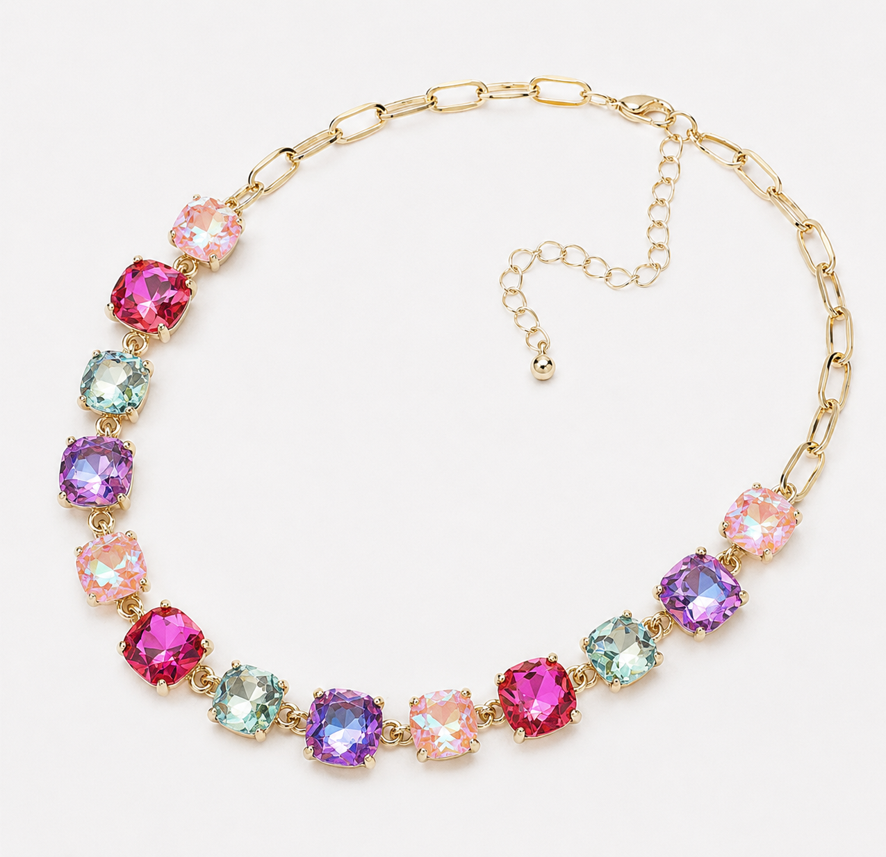 Rainbow Luxe Cushion-Cut Statement Chain Link Necklace - Durable Zinc Steel Design