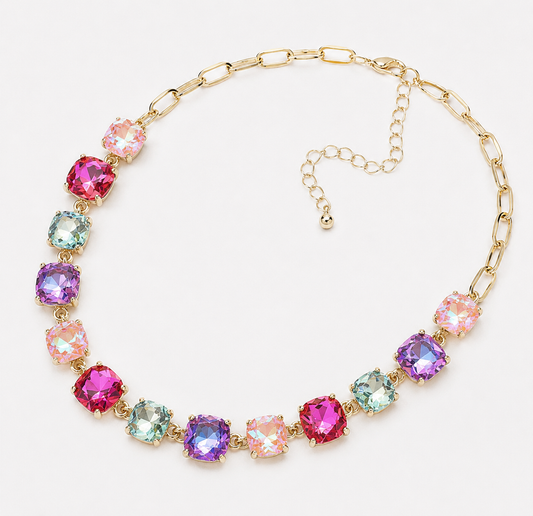 Rainbow Luxe Cushion-Cut Statement Chain Link Necklace - Durable Zinc Steel Design