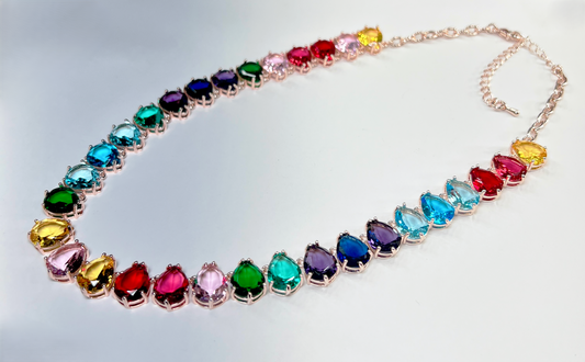 Rainbow Pear-Cut Gemstone Statement Necklace on Rose Gold