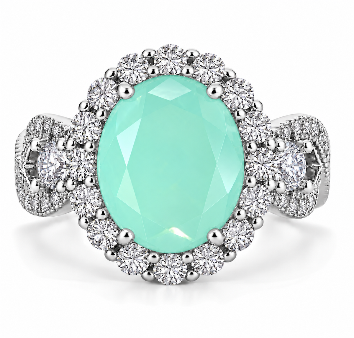 925 Sterling Silver Infinity Oval Cut Milky Aqua Crystal & Diamond CZ Ring (Rhodium or Rose Gold)