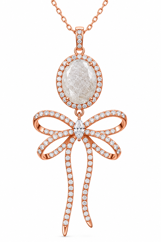 925 Sterling Silver White Ice Bow Tie Necklace on Rose Gold