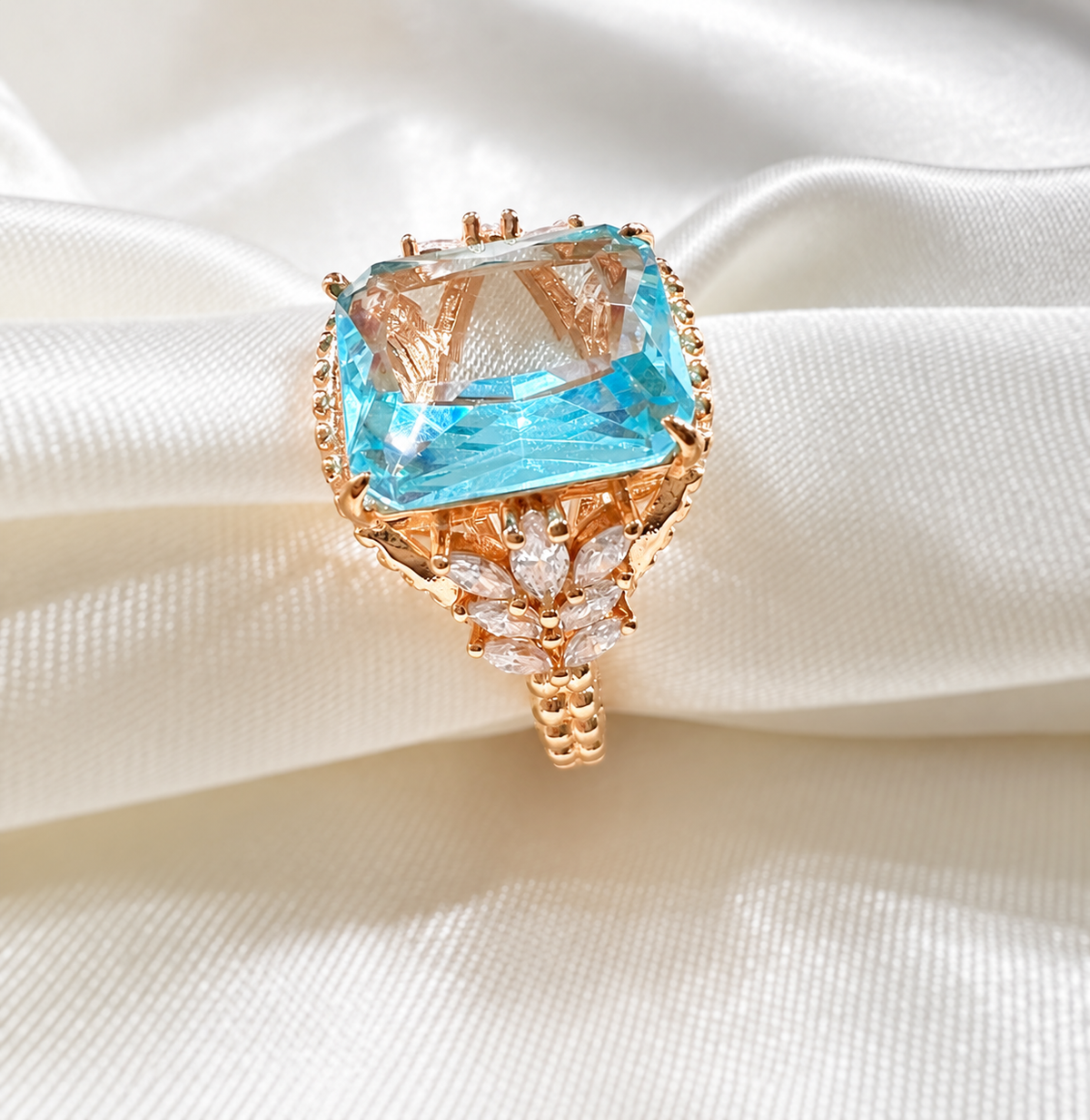 PRE-ORDER - 925 Sterling Silver Sea Foam Crystal Beaded Shank Ring on Rose Gold