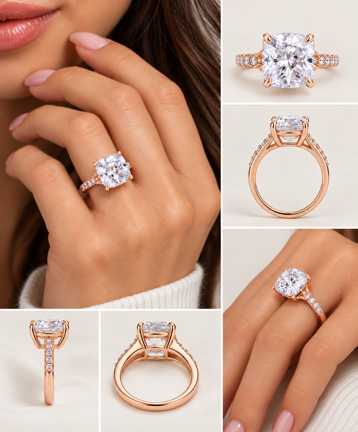 925 Sterling Silver Diamond CZ Solitair Pave Band Ring on Rose Gold