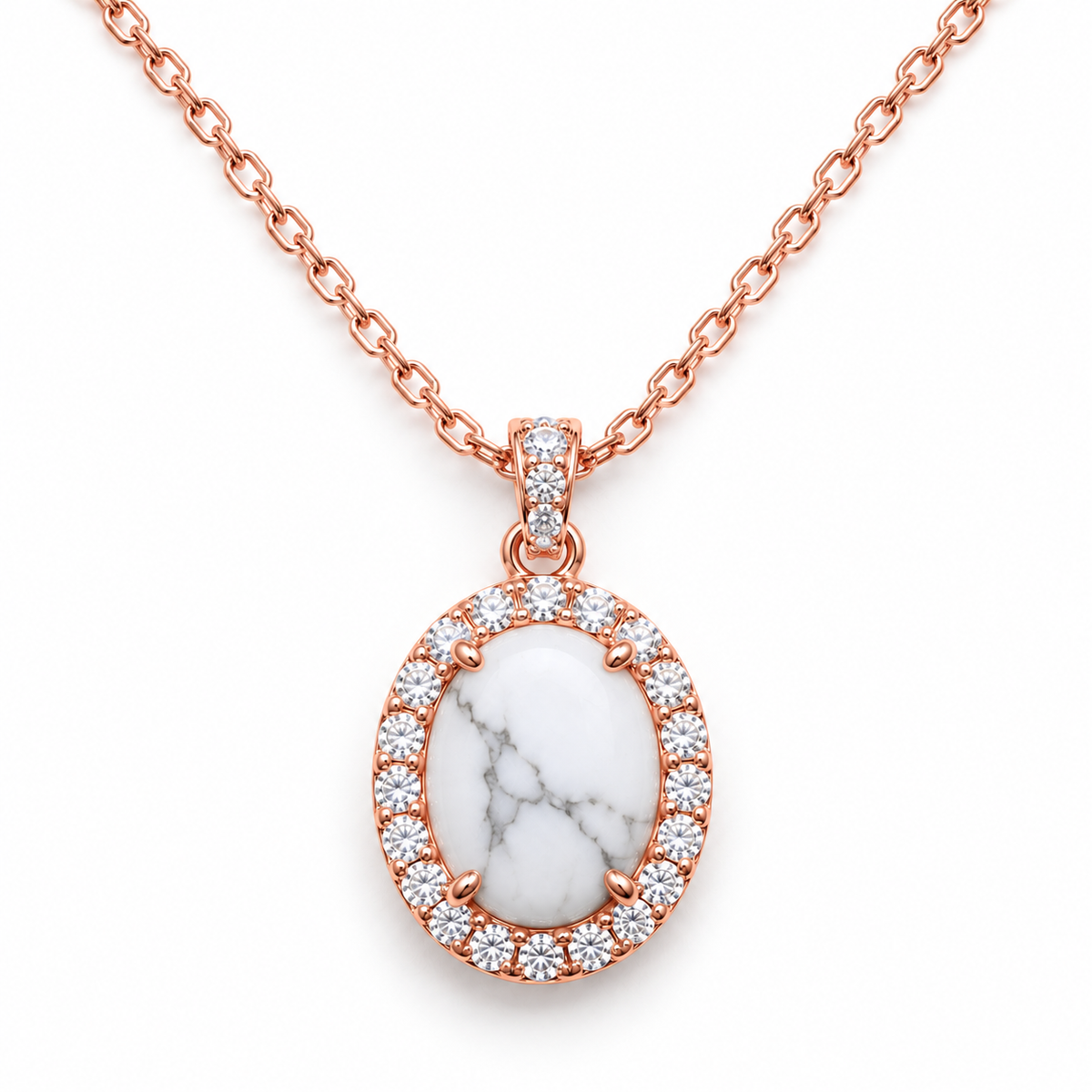 Genuine White Howlite Oval Halo Necklace (Choose your plating)