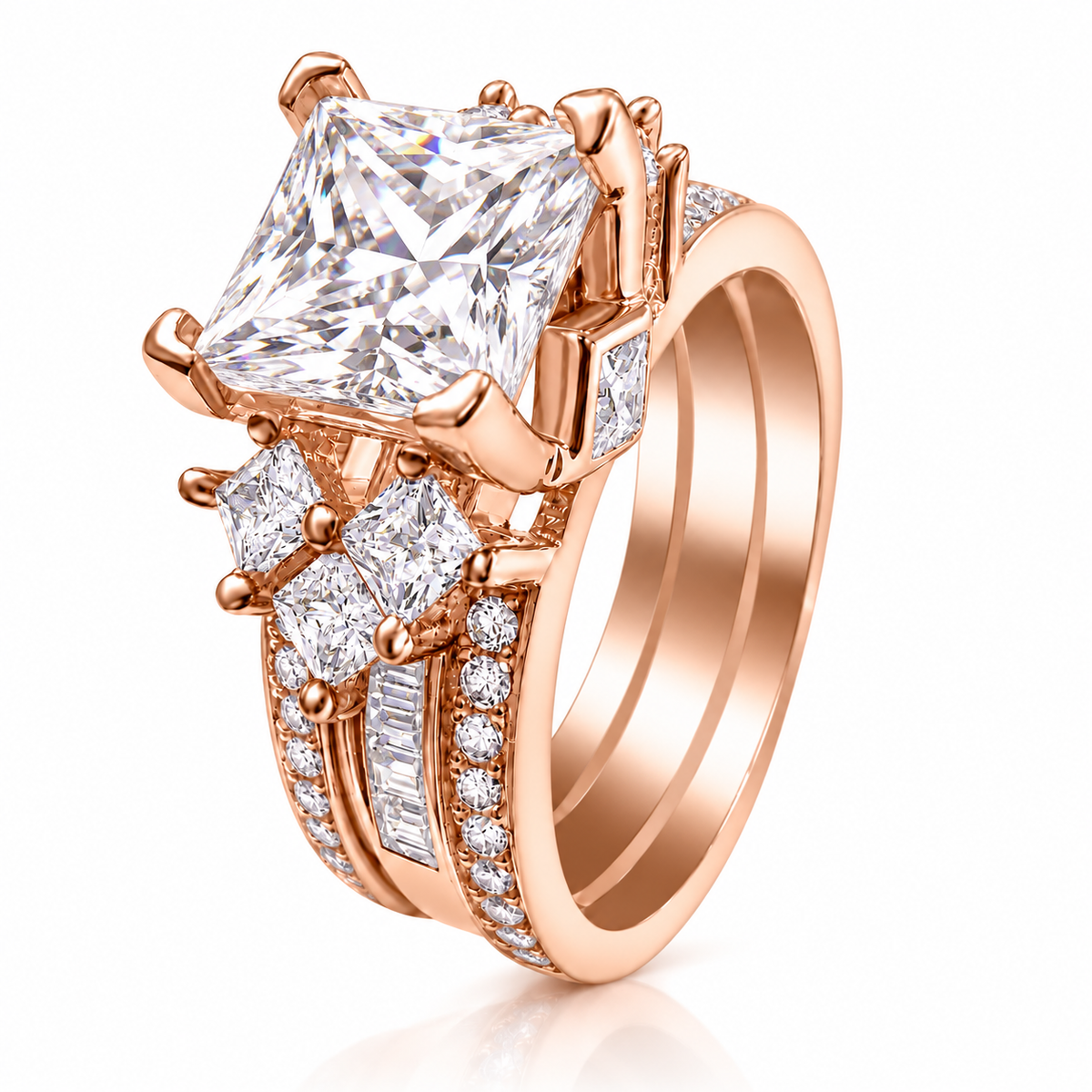 *PRE-ORDER - 925 Sterling Silver Princess Cut, Diamond CZ Tri Band Ring on Rose Gold