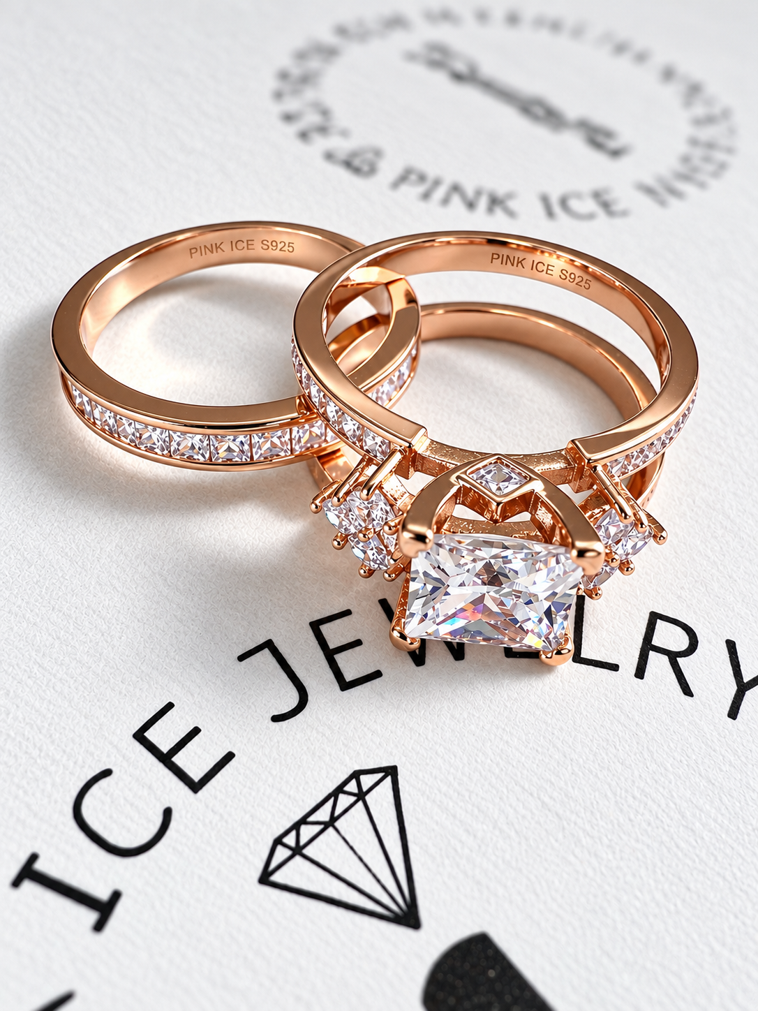 *PRE-ORDER - 925 Sterling Silver Princess Cut, Diamond CZ Tri Band Ring on Rose Gold