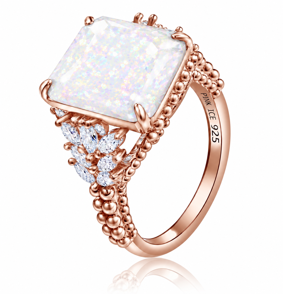 *PRE-ORDER - Simulated White Fire Opal & CZ Beaded Shank 925 Sterling Silver Ring