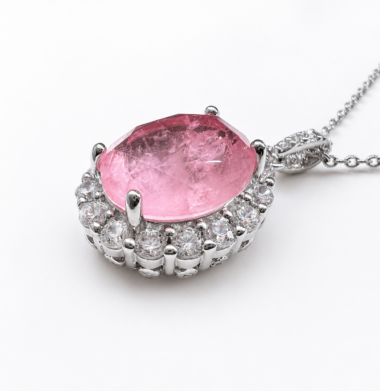 Rose Quartz Crystal Fusion Oval Halo Necklace (Choose your plating)