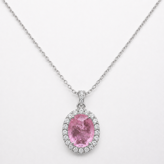Rose Quartz Crystal Fusion Oval Halo Necklace (Choose your plating)