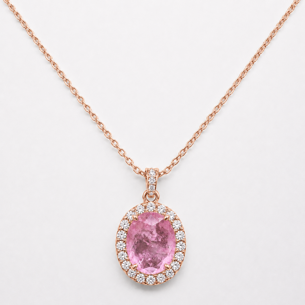Rose Quartz Crystal Fusion Oval Halo Necklace (Choose your plating)