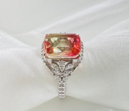 *PRE-ORDER - Emerald-Cut Delicate Rose Yellow Bi-Colored Simulated Tourmaline Beaded Shank 925 Sterling Silver Ring