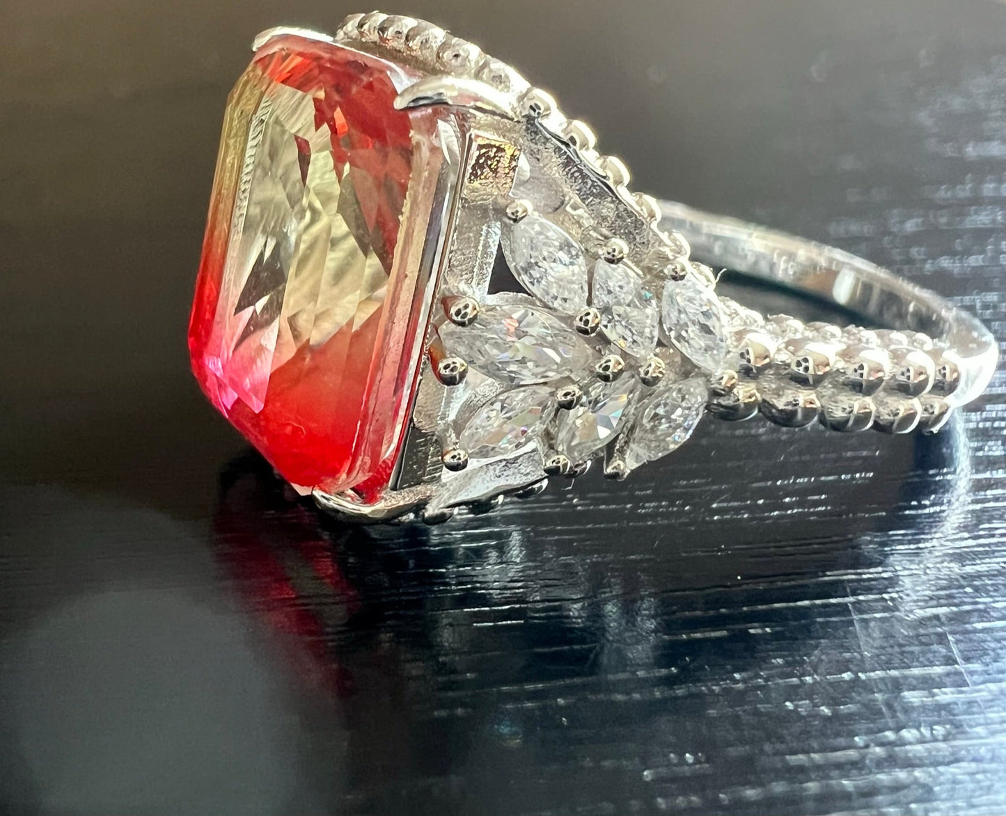 *PRE-ORDER - Emerald-Cut Delicate Rose Yellow Bi-Colored Simulated Tourmaline Beaded Shank 925 Sterling Silver Ring