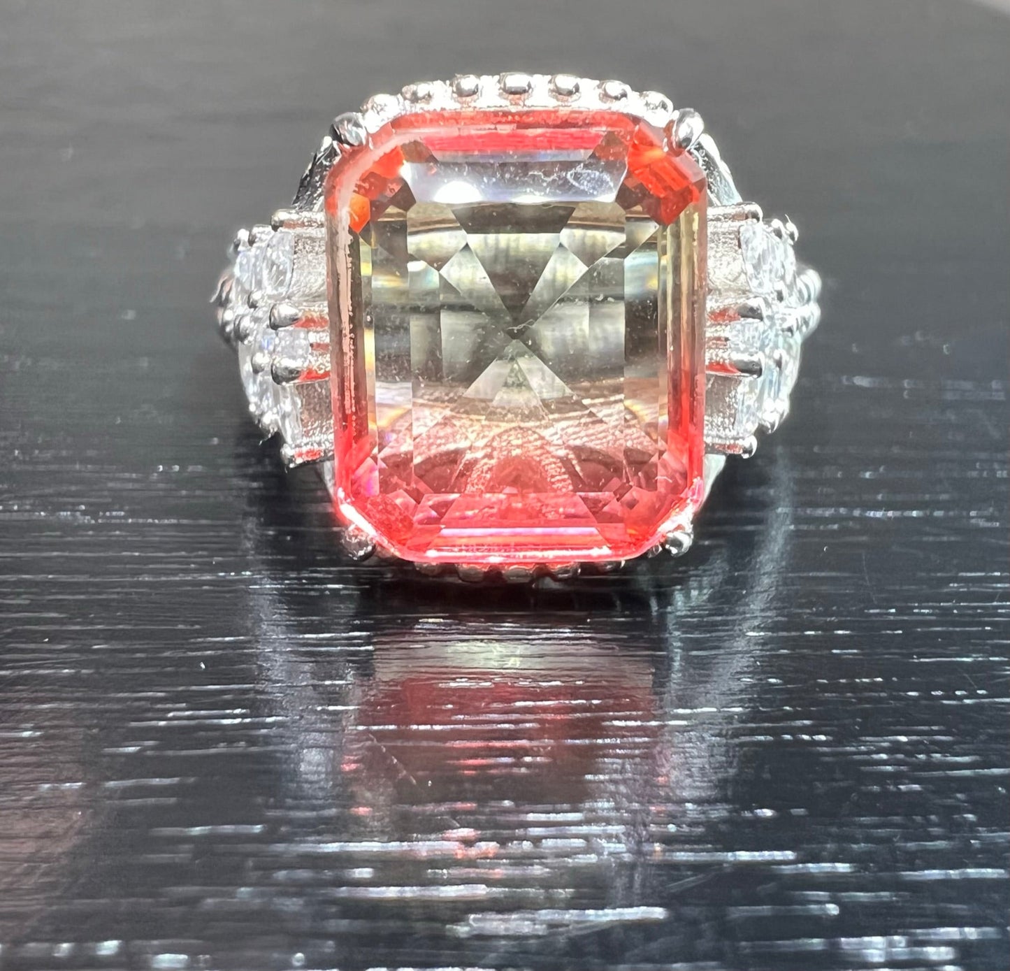 *PRE-ORDER - Emerald-Cut Delicate Rose Yellow Bi-Colored Simulated Tourmaline Beaded Shank 925 Sterling Silver Ring