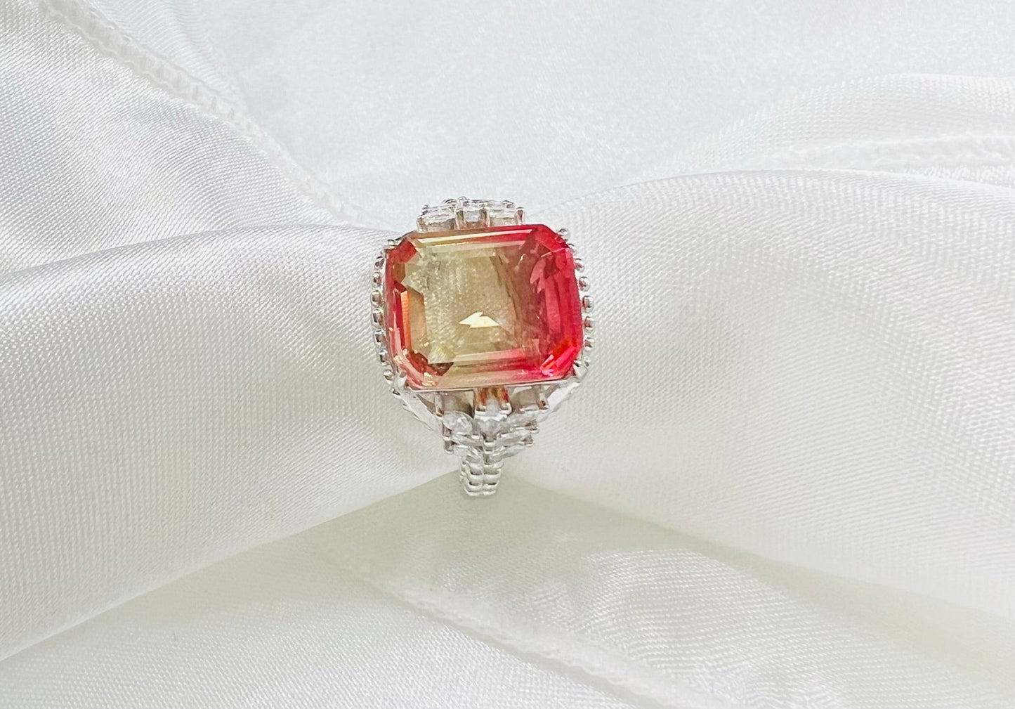 *PRE-ORDER - Emerald-Cut Delicate Rose Yellow Bi-Colored Simulated Tourmaline Beaded Shank 925 Sterling Silver Ring