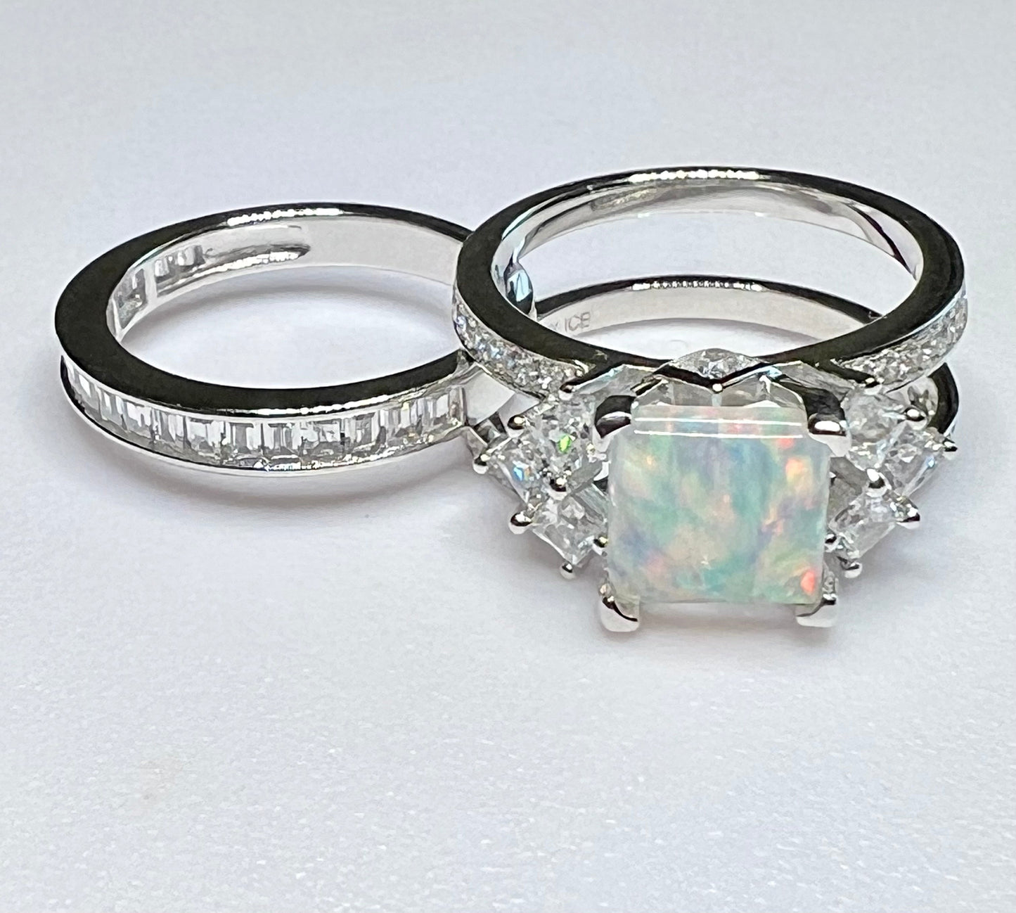 *PRE-ORDER - 925 Sterling Silver Princess Cut, White Fire Opal & Clear CZ Tri-Band Ring