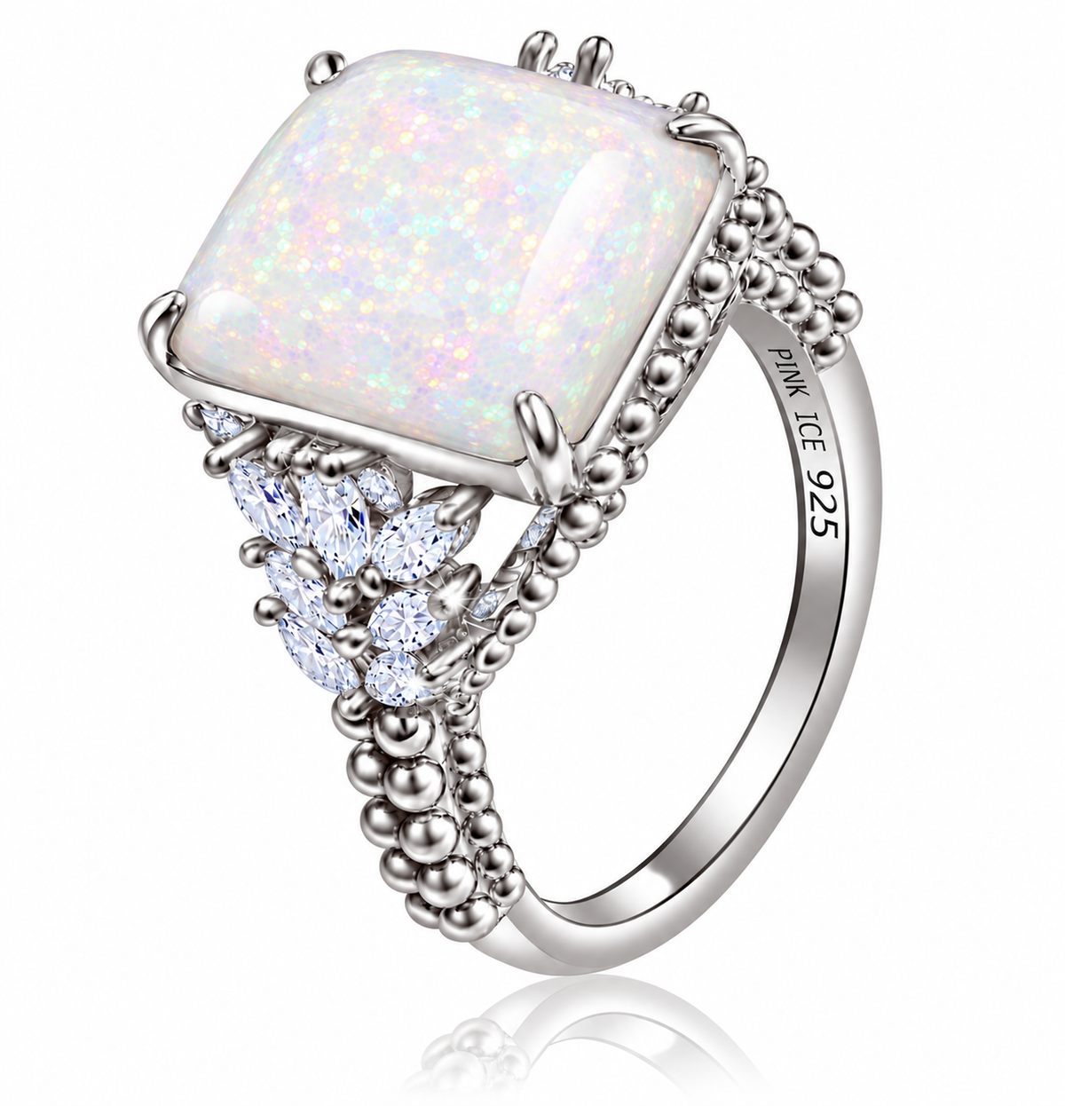 *PRE-ORDER - Simulated White Fire Opal & CZ Beaded Shank 925 Sterling Silver Ring