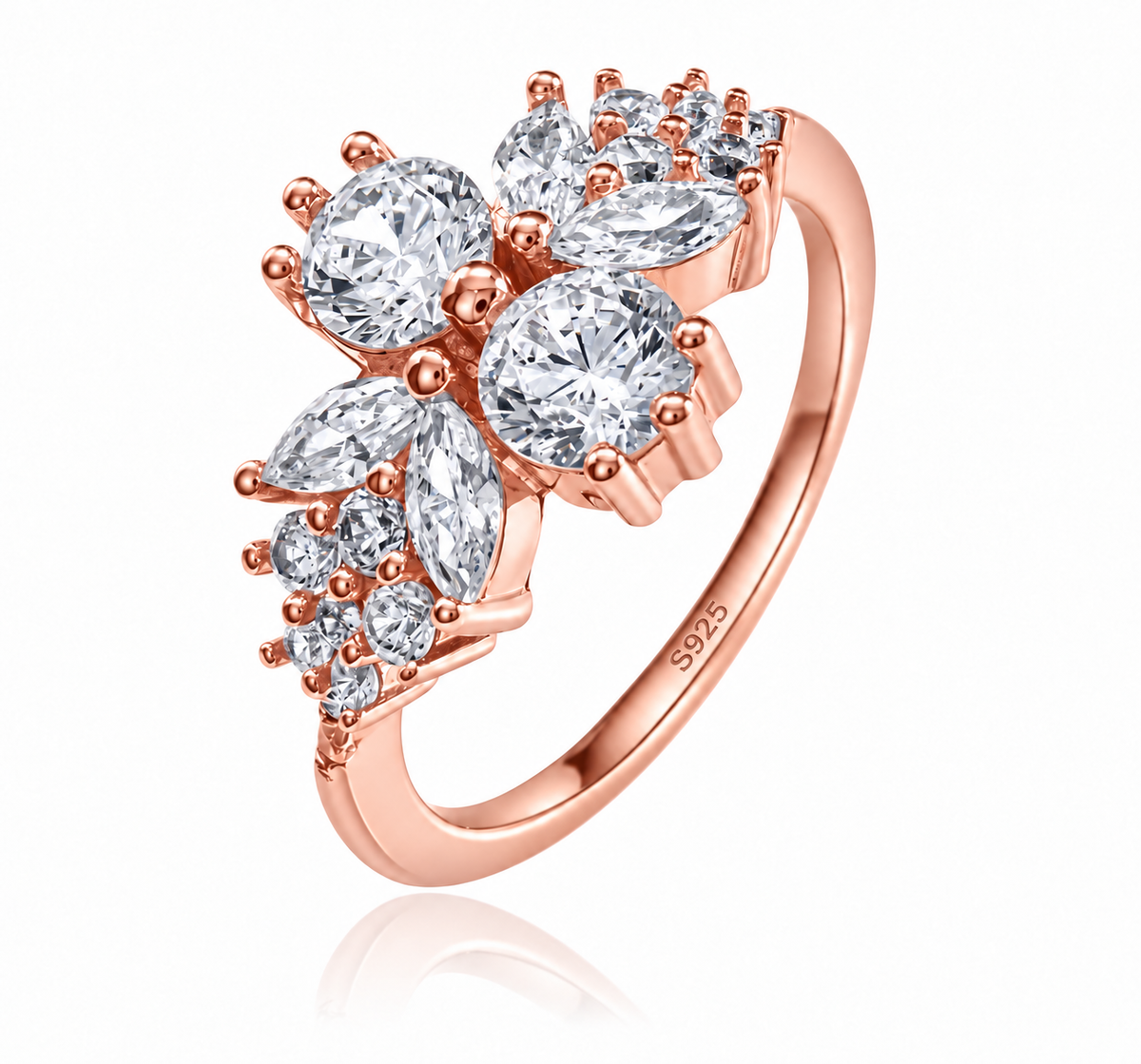 Sterling Silver Brilliant Butterfly Diamond Cubic Zirconia Ring on Rose Gold