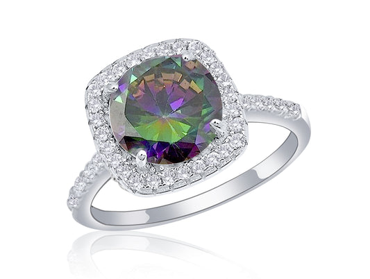Sterling Silver Cushion Cut Rainbow Topaz & Diamond CZ Ring