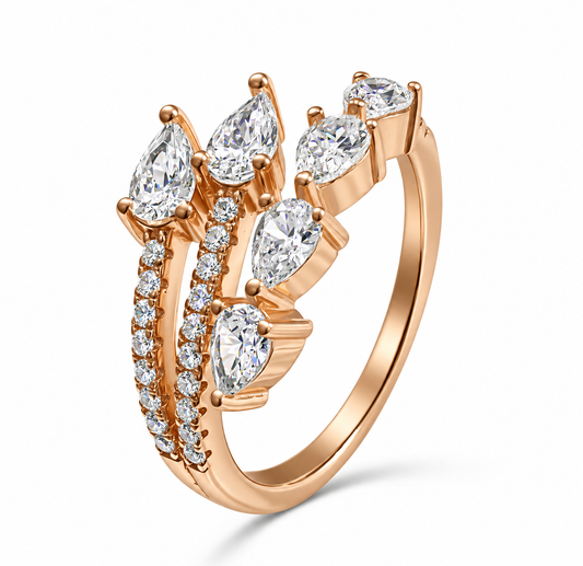 Sterling Silver Pear Cut Diamond with Pavé Cubic Zirconia Spiral Ring on Rose Gold