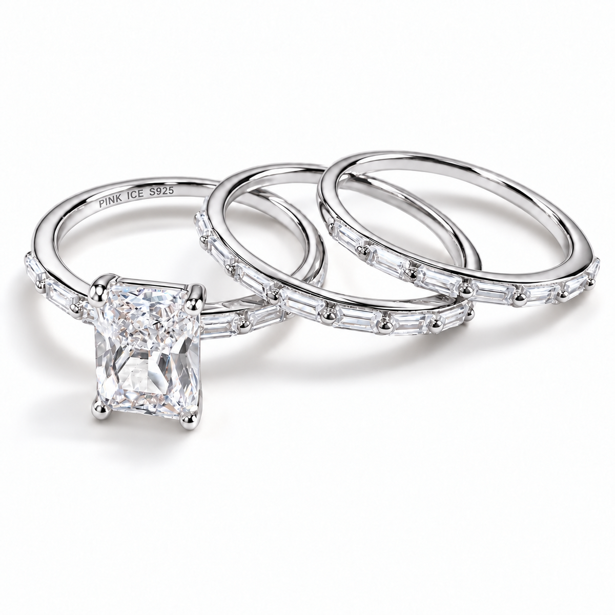 925 Sterling Silver Emerald Cut Diamond 3 Piece Stackable Ring Set