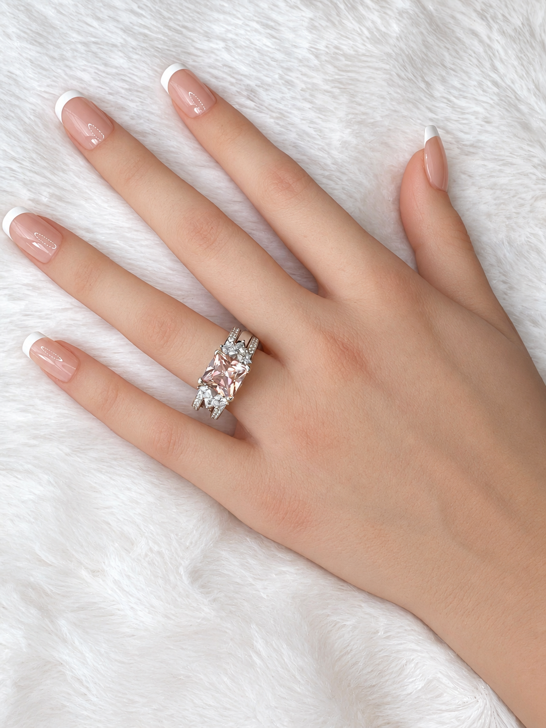 *PRE-ORDER - 925 Sterling Silver Princess Cut, Morganite & Clear CZ Tri-Band Ring