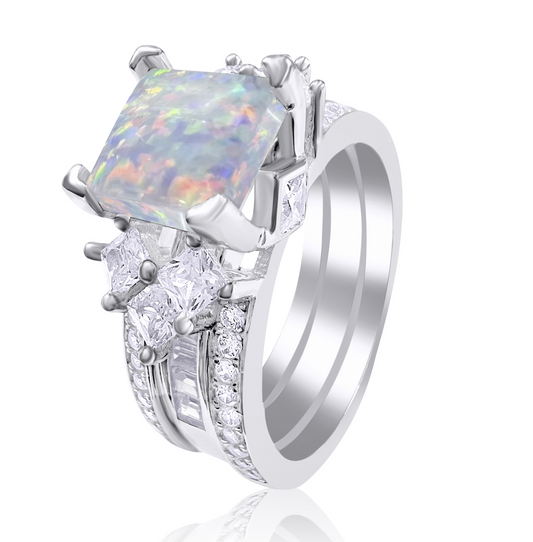 925 Sterling Silver Princess Cut, White Crystal Opal & Clear CZ Tri-Band Ring